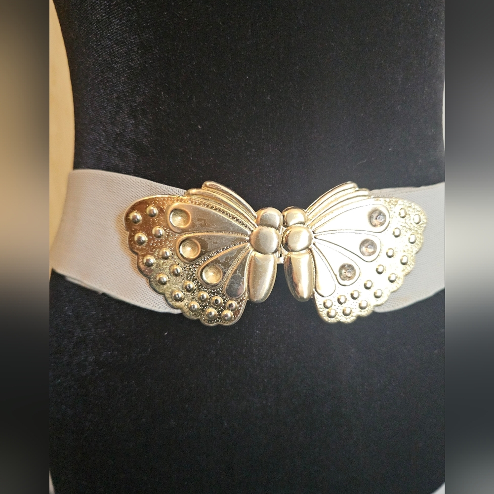 Women's Stretch Butterfly Belt 70's - 80's Grey / Gold Vintage - Picture 2 of 6
